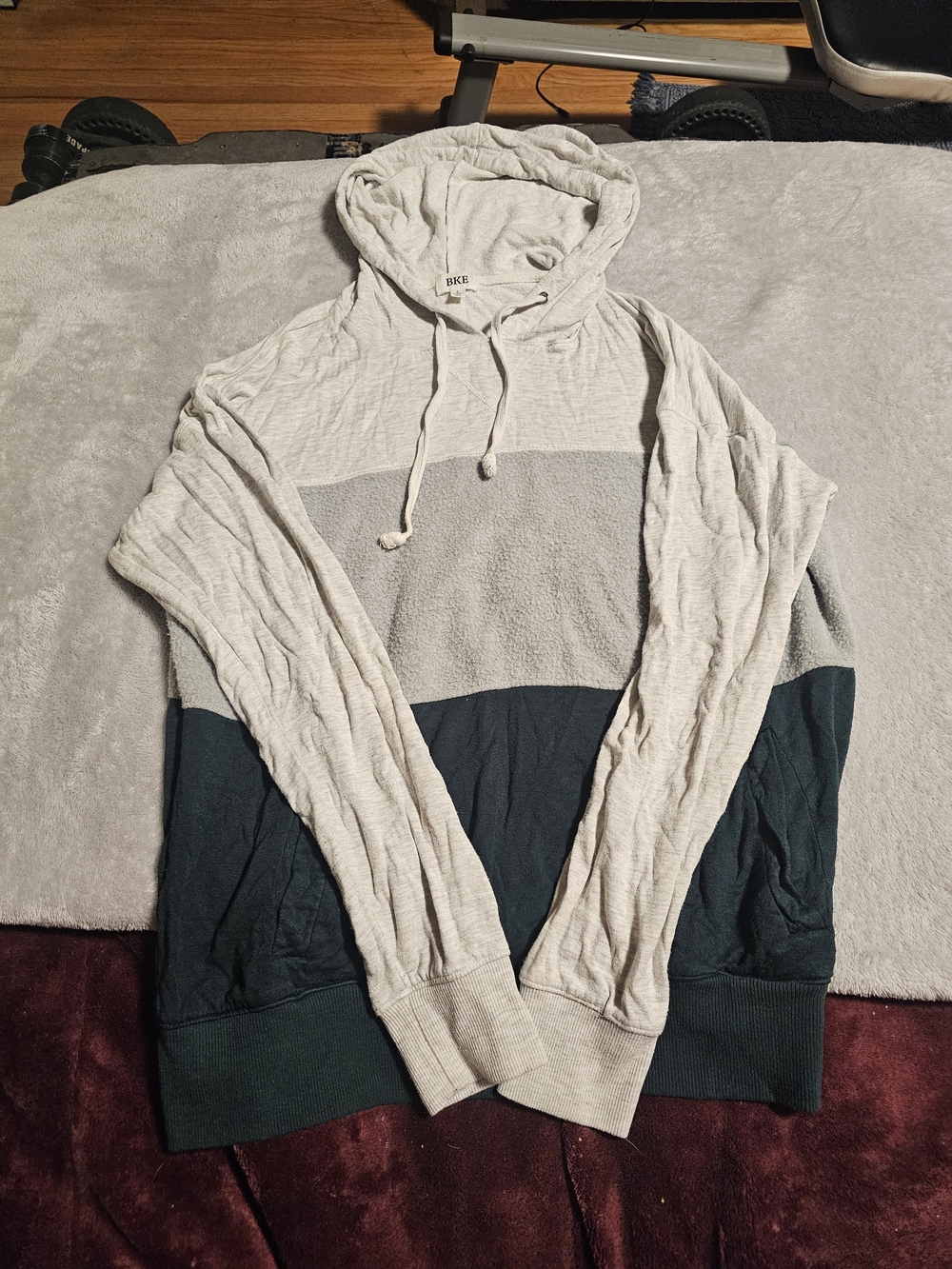 BKE Womens Colorblock Hooded Long-Sleeve Sweater- Light Gray and Dark Teal Light